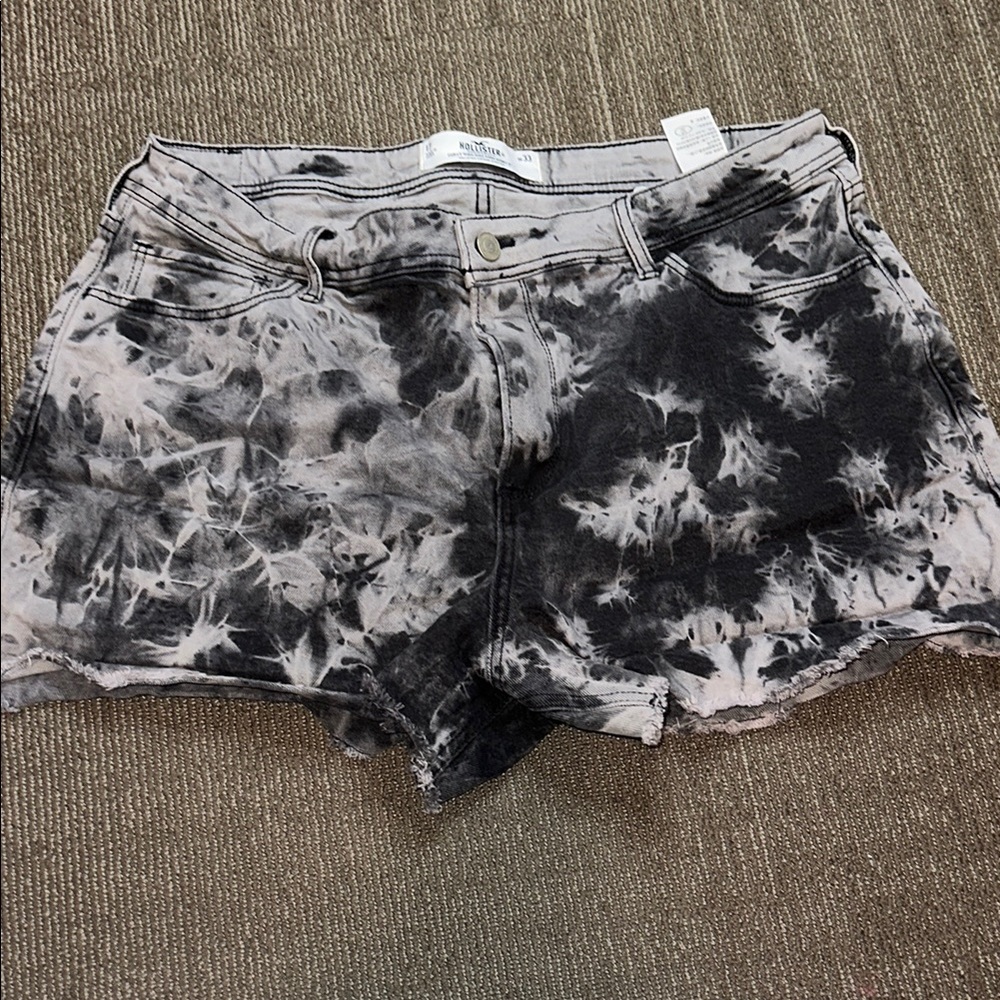 Hollister Black and Gray High-Rise Mom Jean Shorts with Tie-Dye Effect